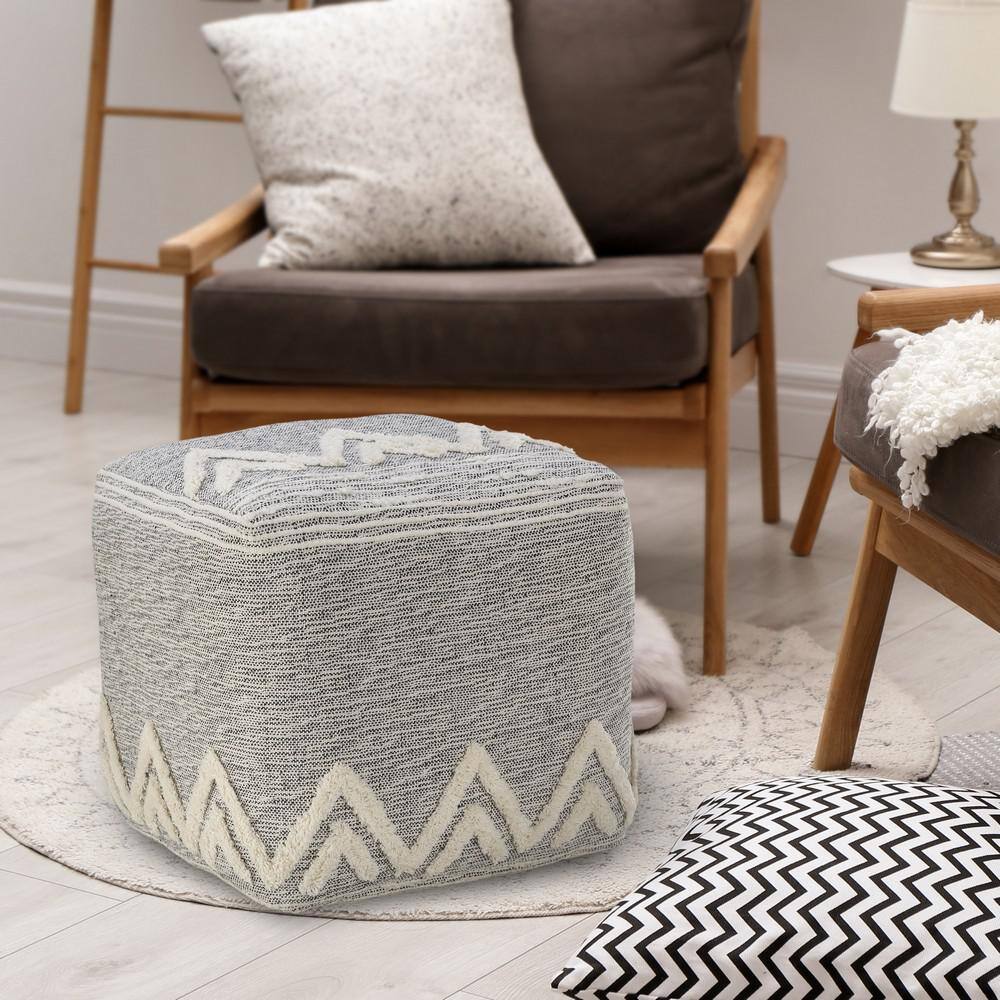 Gray and Ivory Tufted Geometric Square Pouf, 16"