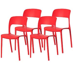 Modern Plastic Outdoor Dining Chair with Open Curved Back in Red (Set of 4)