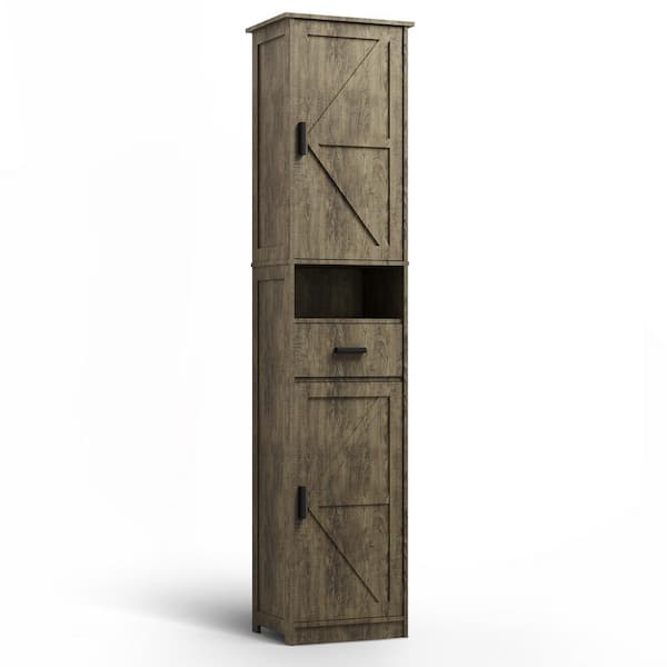 14.56 in. W x 11.22 in. D x 69.29 in. H Gray Linen Cabinet with 2 Barn Doors and 1 Drawer