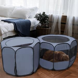 90 in. x 45 in. x 28 in. Gray 2 Rooms Pop Up Portable Foldable Pet Play Tent, Dog Playpen, light-weight, Carry Bag