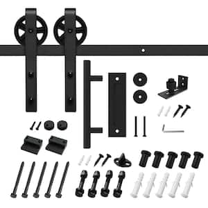 8 ft./96 in. Black Steel Bent Strap Sliding Barn Door Track and Hardware Kit with 12 in. Pull and Flush Handle
