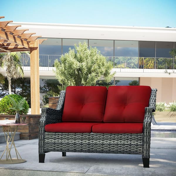 Brown Wicker Outdoor Loveseat Patio Sofa Deep Seating with Red Cushions