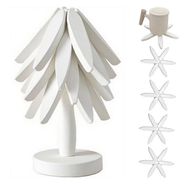 White Wooden Trivet Set with 4 Trivets and 1 Stand, Foldable Tree Design for Hot Pots, Bowls, Teapots
