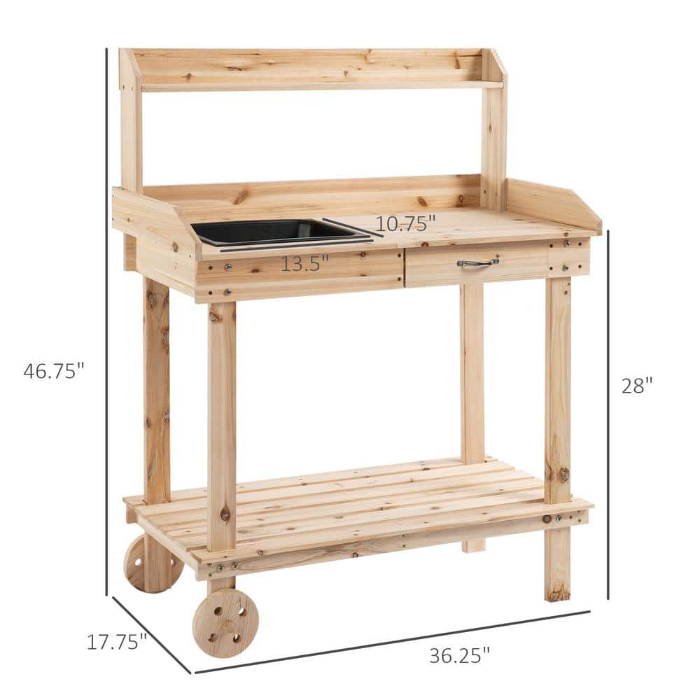 Natural Wood Potting Bench with Sink, Drawer, and Wheels