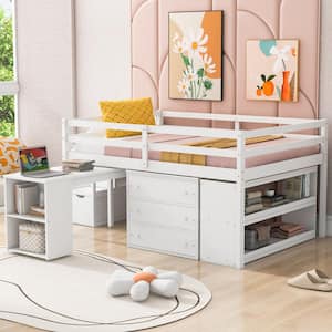 White Full Size Wood Low Loft Bed with Movable Desk, 2-Open Compartments, 2-Shelves, 3-Drawer, Storage Stairs