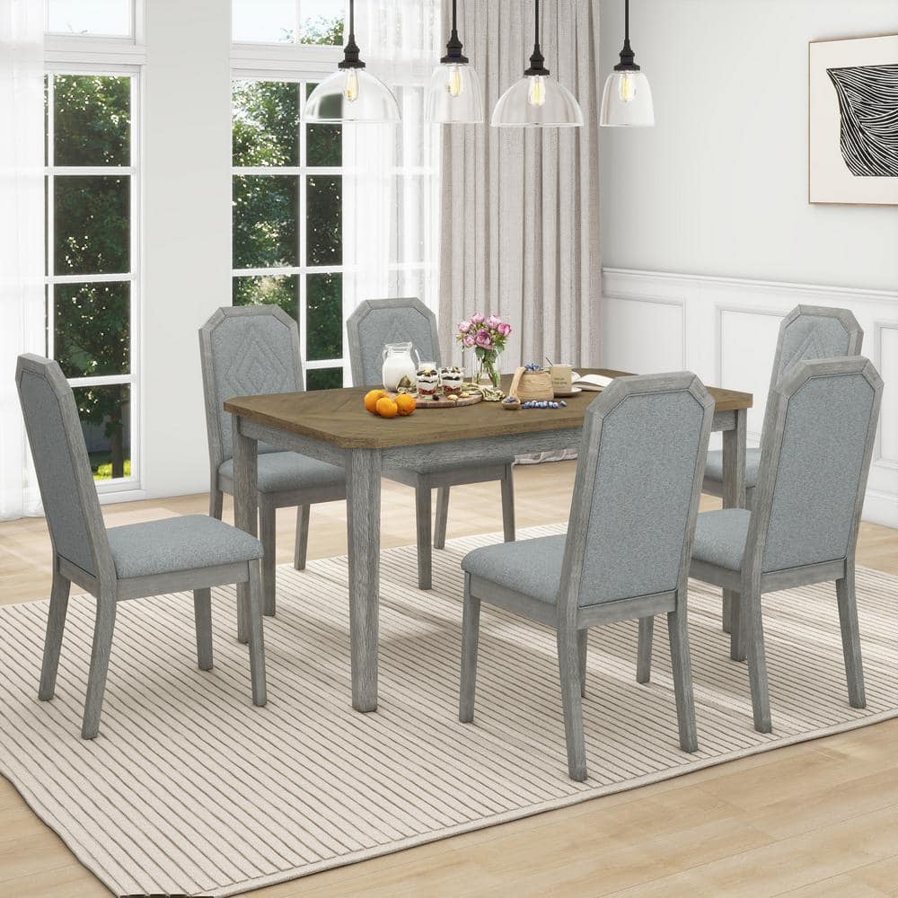 Qualler 7 Piece Rectangle Brown and Gray MDF Top Dining Room Set with 6 Upholstered Chairs