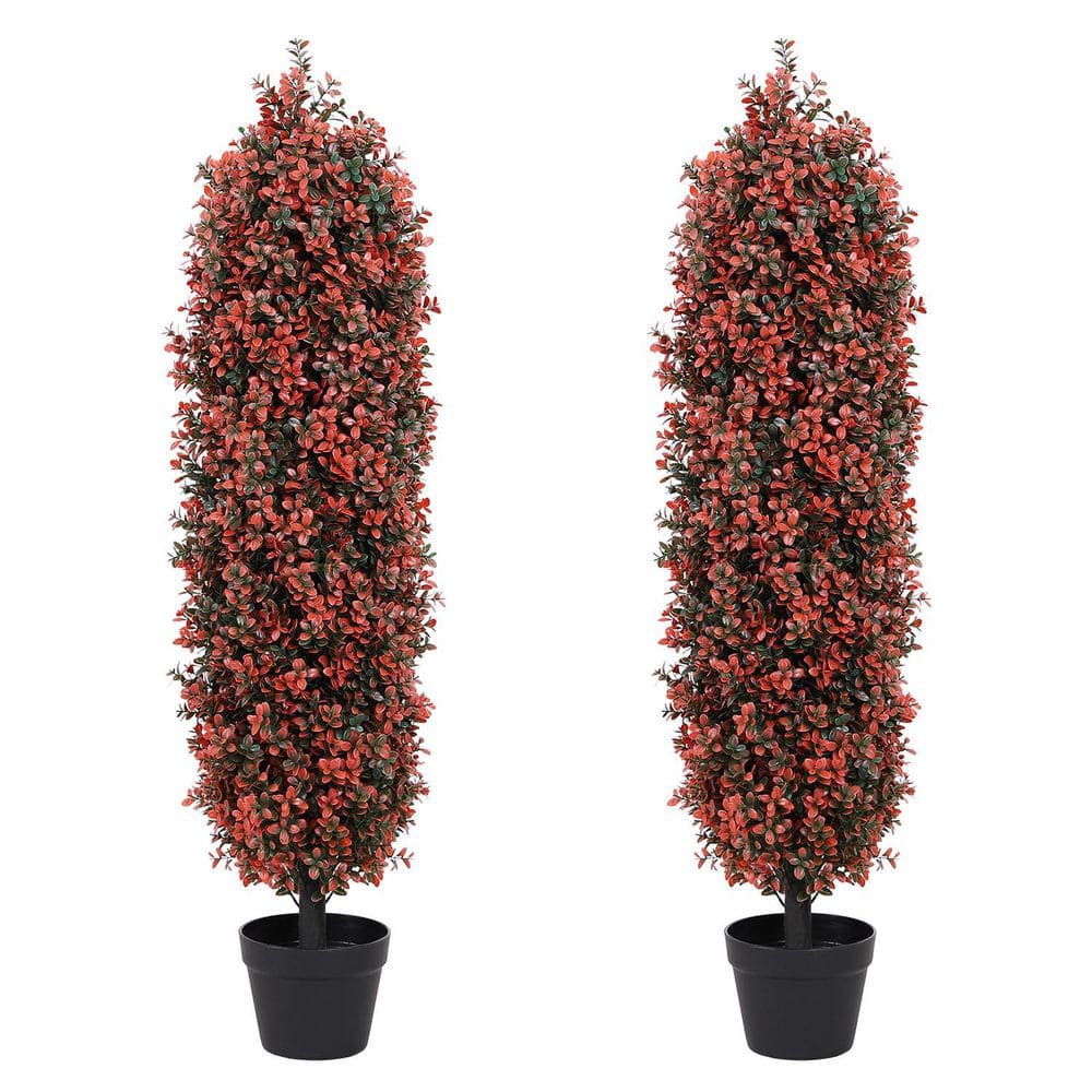 4 ft. Outdoors Artificial Boxwood Topiary Trees, UV Resistant Faux Red Bush