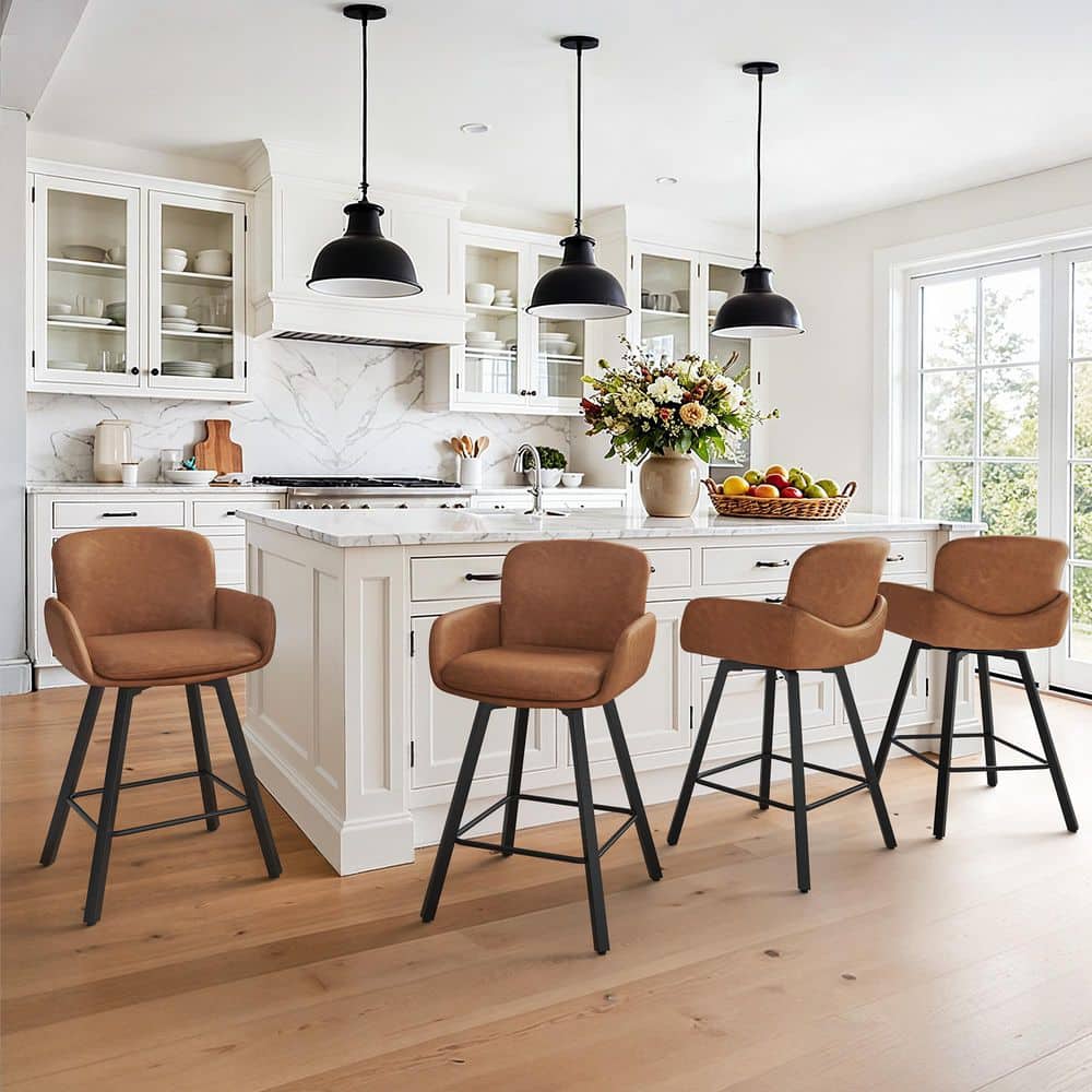 Nicola 26 in. Brown Faux Leather Upholstered Swivel Bar Stool with Metal Frame Low back Counter Height Stool Set of 4 price history on PriceWatchPro