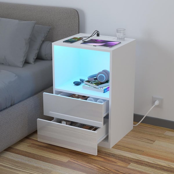 Hommpa Modern White 2-Drawer 26.77 in. H x 17.72 in. W x 15.75 in. D Nightstand with Charging Station and RGB LED Light