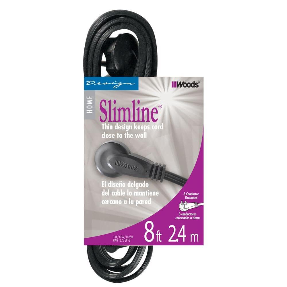 Slimline 2243 Flat Plug 8' Extension Cord, 3-Wire, Black, image size:1000x1000
