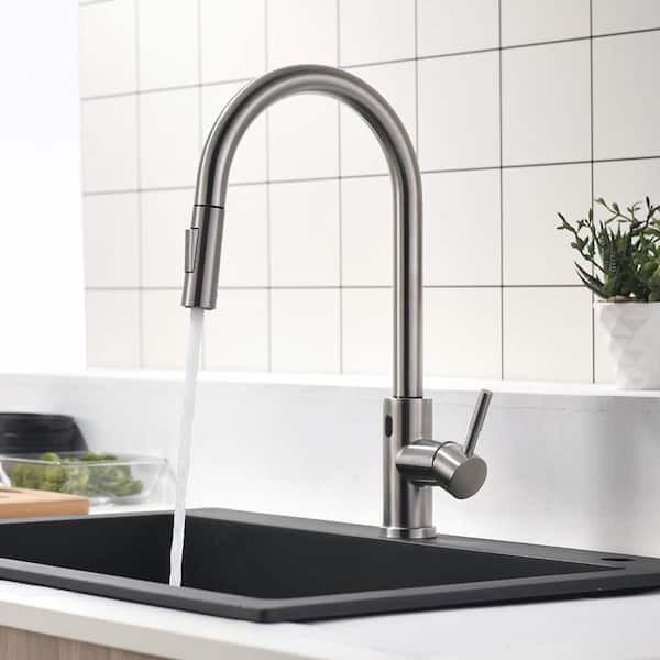 UKISHIRO Queen Single-Handle Touchless Pull Down Sprayer Kitchen Faucet with Sensor in Brushed Nickel