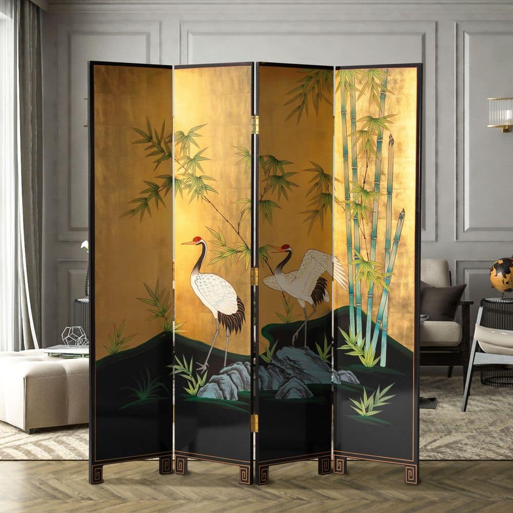 RED LANTERN 6 ft. Gold 4-Panel Cranes Room Divider L3-MF-P9