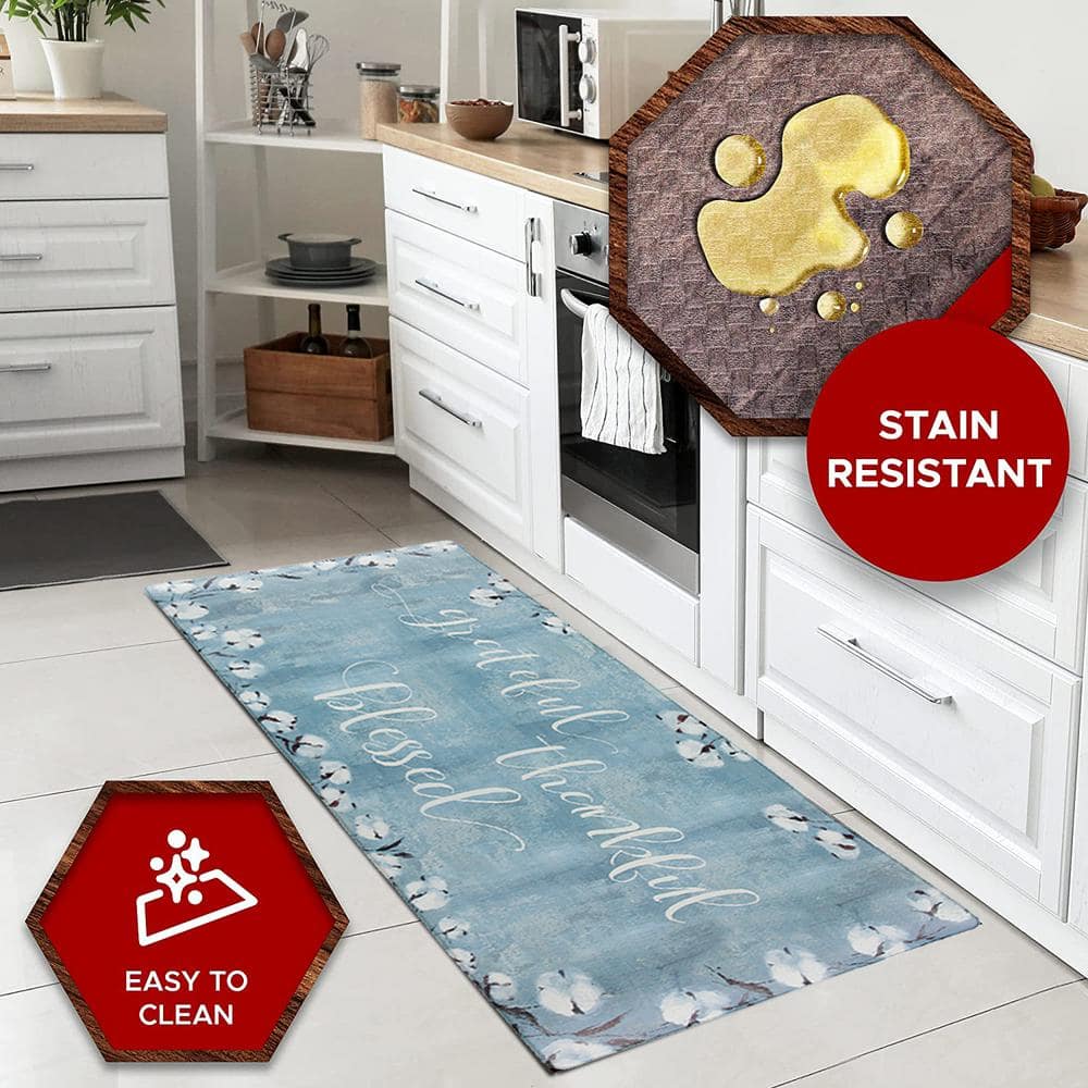 Grateful Thankful Blessed Blue PVC Anti-Fatigue Kitchen Mat