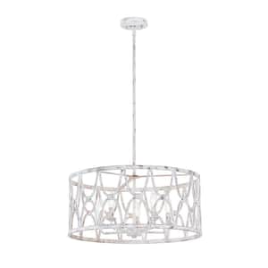 5-Light Distressed Washed White Pendant Light with Drum Shape