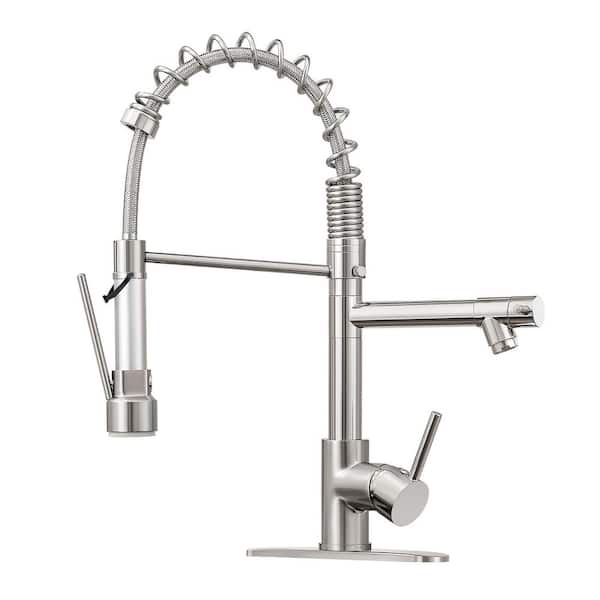 Brushed Nickel 18 in. H Pull Out Sprayer Kitchen Faucet with 2-Spout 360° Spout Swivel Commercial Kitchen Faucets