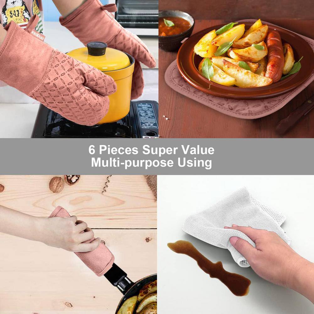Pink Silicone and Cotton 6-Piece Oven Mitts and Pot Holders Set