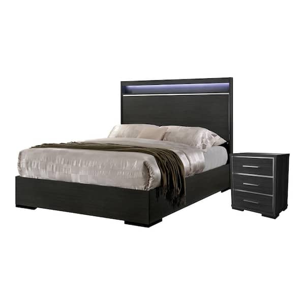 Furniture of America Magda 2-Piece Warm Gray Queen Wood Bedroom Set, Bed and Nightstand