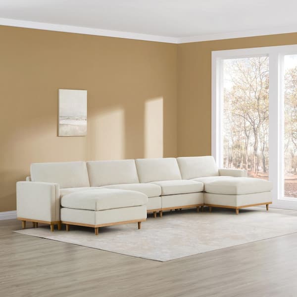 Aria 153 in. 6-Piece Fabric Modular Sectional Sofa in Linen with Ottoman and Overstuffed Cushions for Living Room