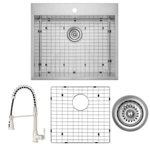 Handmade All-in-One Drop-in Stainless Steel 25 in. x 22 in. with Faucet and Sink Grid 1-hole Single Bowl Kitchen Sink