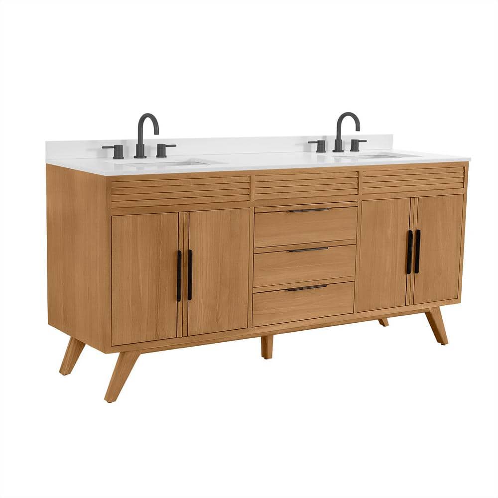 Taylor 73" Natural Teak Double Sink Vanity with White Quartz Top