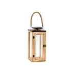 14 in. Wood and Glass Outdoor Patio Lantern with Metal Top
