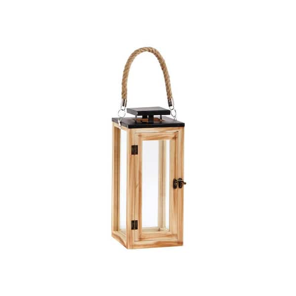 Hampton Bay 14 in. Wood and Glass Outdoor Patio Lantern with Metal Top
