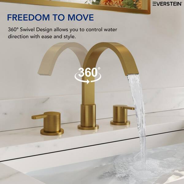 Brushed Gold 2 Handle 8 Inch Brass Bathroom Faucet Classic European Style 3 Hole Waterfall Basin Sink Mixer Tap, Pop Up Overflow Drain Strainer Included, Spot Resist