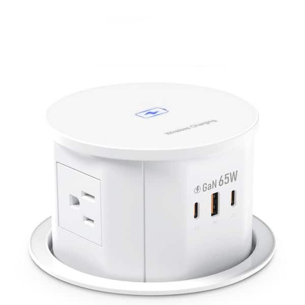 Pop Up Countertop Outlet 4-Outlet 1 USB-A Port 2 USB-C Ports Surge Protector with 15-Watt Wireless Charger White