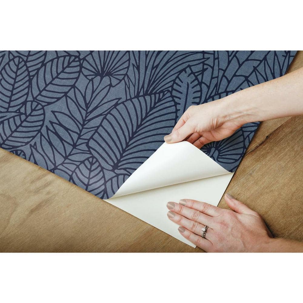 Blue and Navy Tropical Leaves Peel and Stick Wallpaper Roll