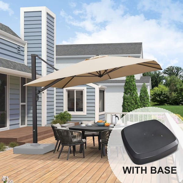 11 ft. Square Aluminum Large Outdoor Cantilever 360-Degree Rotation Patio Umbrella with Wheels Base, Beige