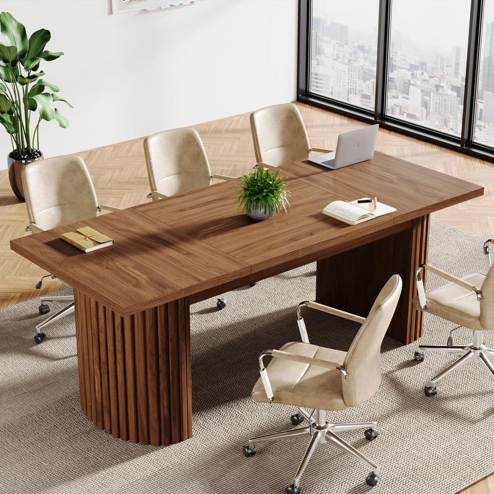 78.74 in. Rectangle Brown Wood Conference Table, Computer Desk with Double Base, Extra Long Conference Room Table