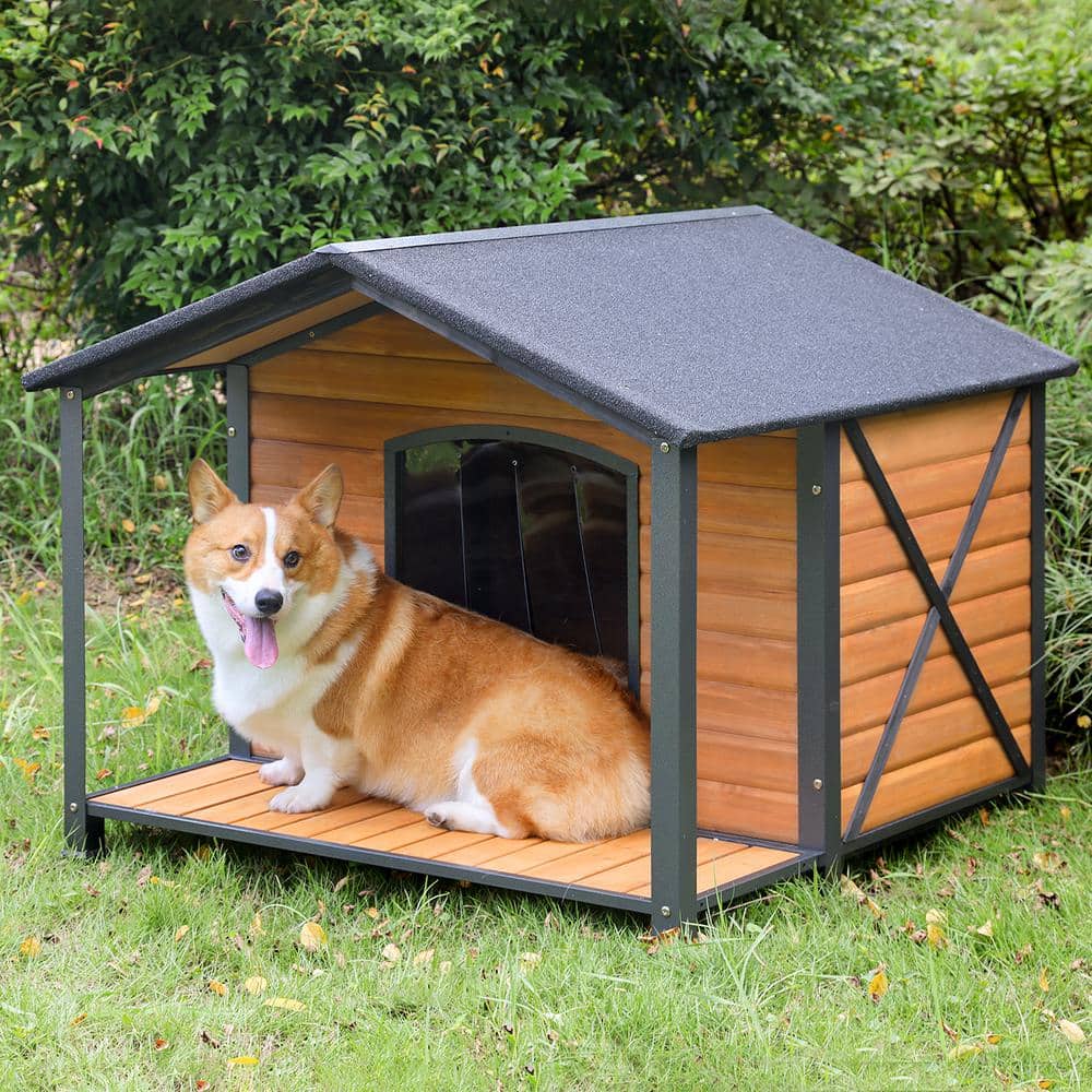 Extra Large Brown Wood Dog House with Metal Frame