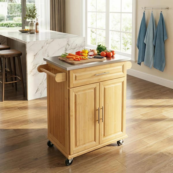WOQWOQ 30 Inch Natural Bamboo Rolling Kitchen Island Cart with