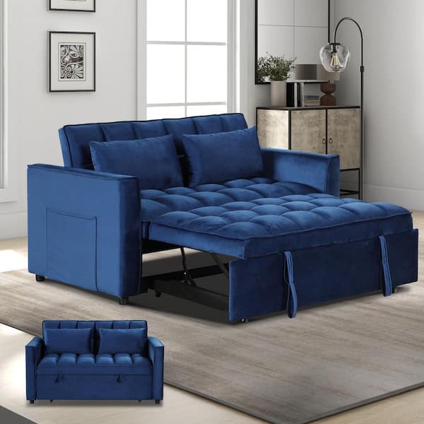 Bestier Loveseat 55.25 in. Blue Velvet Twin Size Sleep Sofa Bed With Adjustable Backrest and 2-Pillows
