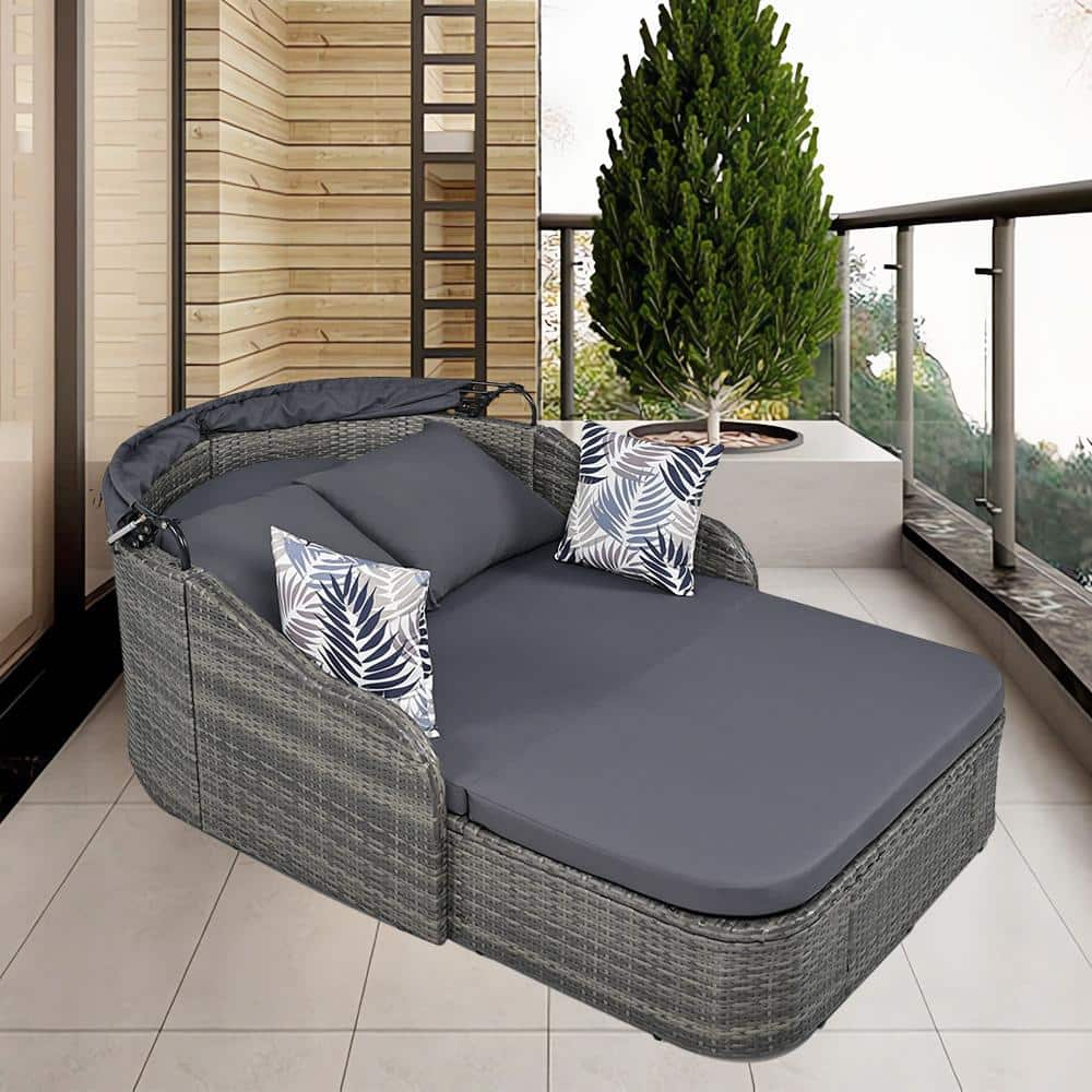 Cesicia 79.9 in. L Gray Wicker Rattan Outdoor Day Bed with Adjustable ...