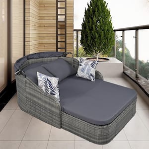 79.9 in. L Gray Wicker Rattan Outdoor Day Bed with Adjustable Canopy and Gray Cushions