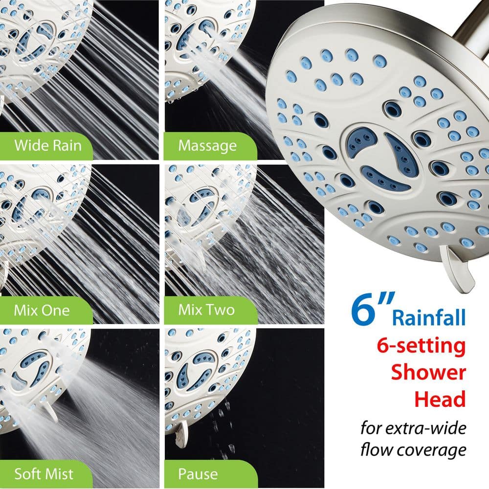 6-Setting Nickel Rainfall Shower Head with Anti-Clog Nozzles
