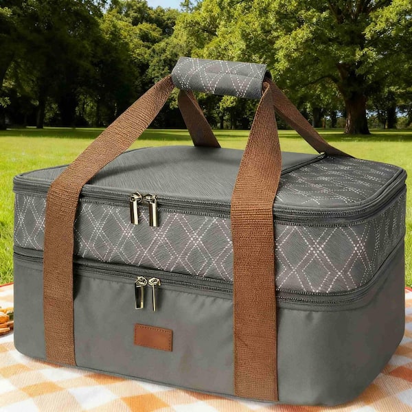 Double Deck 15.7 in. Gray Expandable Insulated Casserole Pie Carrier Bag Tote for Hot or Cold Food