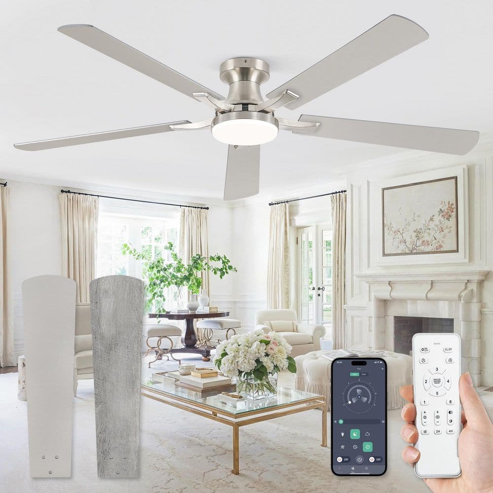 60 in. Nickel Flush Mount Indoor/Outdoor Ceiling Fan with Light App & Remote Reversible DC Motor for Bedroom Living Room price history on PriceWatchPro