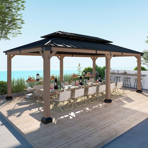Clihome 12 ft. x 20 ft. Cedar Solid Wood Frame Galvanized Steel Double Top Gazebo