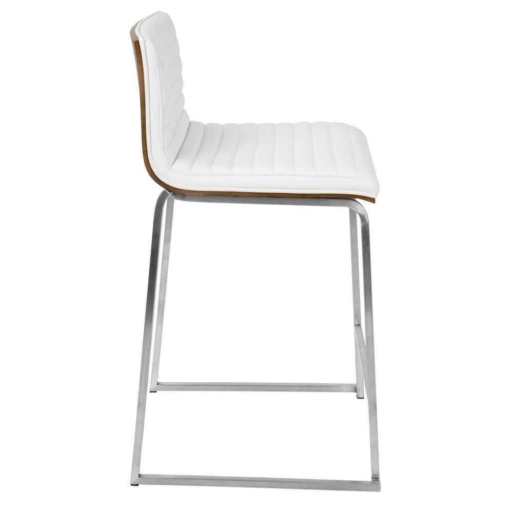 Elegant 26" Mara Modern Counter Stool in White Faux Leather and Walnut