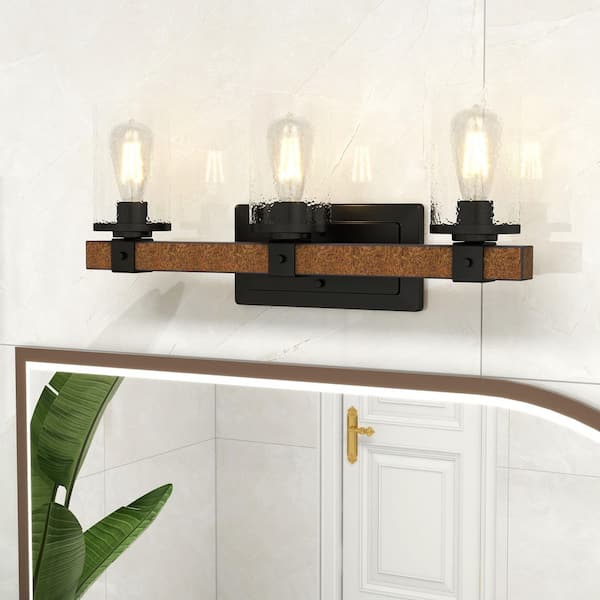22 in. 3-Light Barnwood And Matte Black Vanity Light