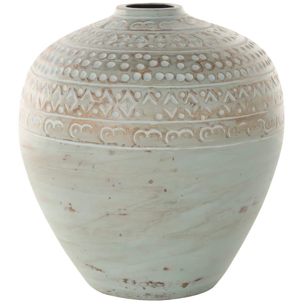 Antique Style Wide Rounded Ceramic Decorative Vase with Geometric Tribal Carvings, Green price history on PriceWatchPro