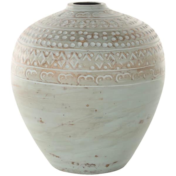Litton Lane Antique Style Wide Rounded Ceramic Decorative Vase with Geometric Tribal Carvings, Green