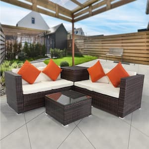 4-Piece Patio PE Rattan Wicker Outdoor Furniture Sectional Set with Loveseat, Storage Box, Table and Beige Cushions