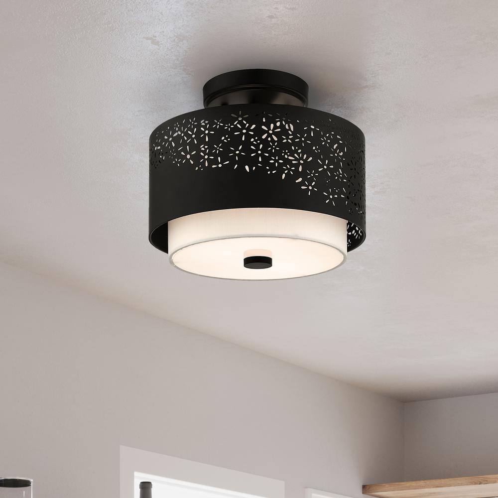 Black Steel Drum Semi-Flush Mount with Laser Cut Shade