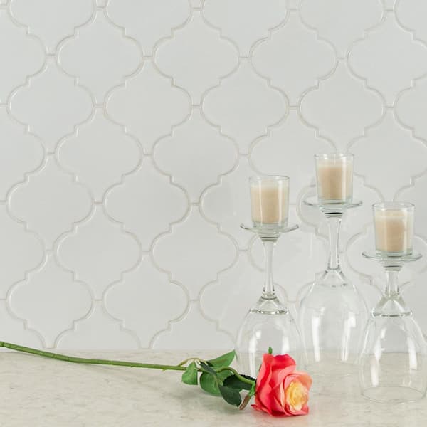 Whisper White Arabesque 11 in. x 15 in. Glossy Ceramic Mesh-Mounted Mosaic Tile (11.7 sq. ft. /case)