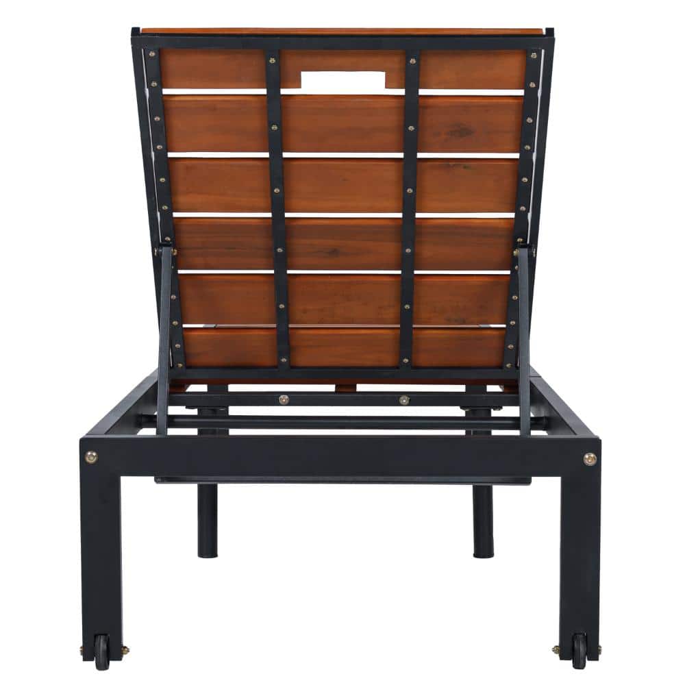 Black and brown acacia wood outdoor chaise lounge.