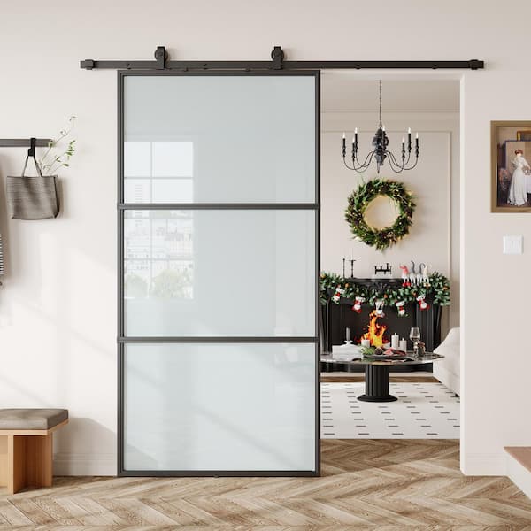42 in. x 84 in. 3 Lite Frosted Glass Black Metal Frame Interior Sliding Barn Door with Hardware kit