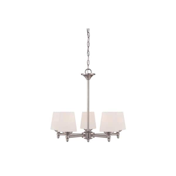 Designers Fountain Darcy 5-Light Brushed Nickel Chandelier with White Opal Glass Shades For Dining Rooms